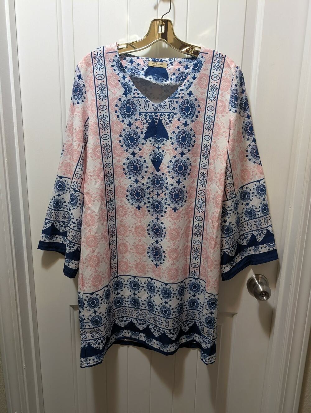 ACEVOG Women's S Summer Ethnic Style Tribal Print Knee Length Dress 3/4 Sleeve